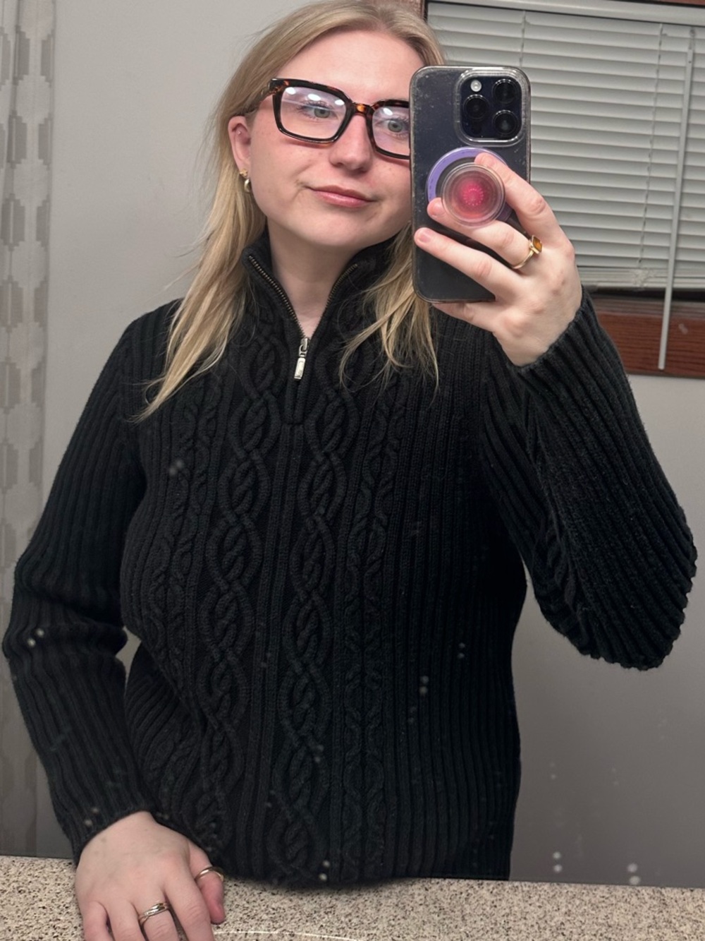 Lands’ End Black 100% Cotton Cable Knit Quarter Zip Sweater S/M (6-8)Ribbed Cozy